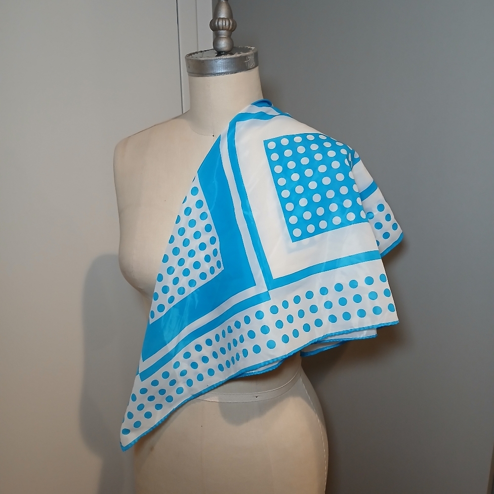 Vintage Nashar Freres LTD Baby Blue & White Polka Dot and Square Scarf Kercheif